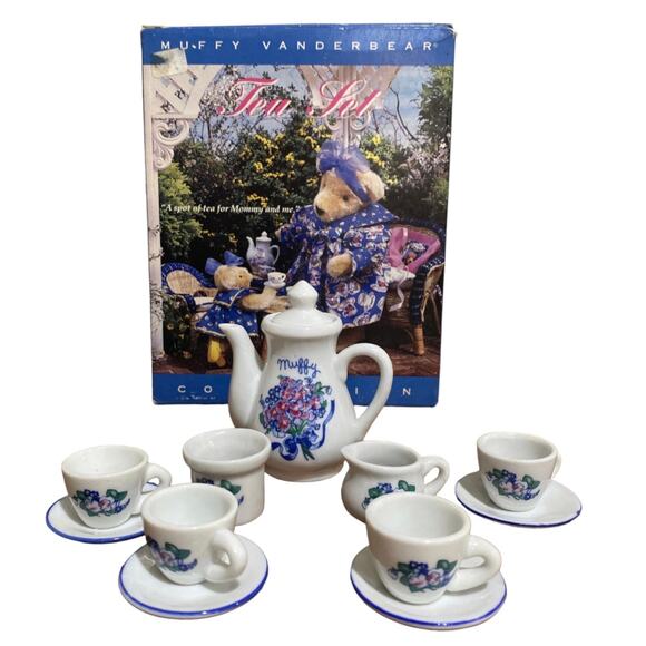 NEW Muffy Vanderbear Miniature PORCELAIN TEA SET Mommy & Me Bear Blue Flower NIB